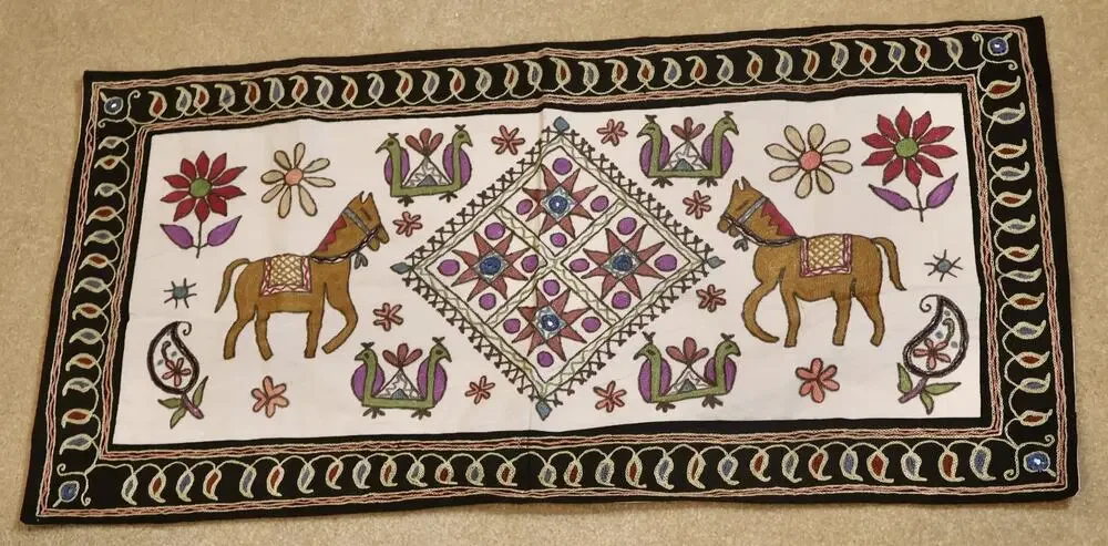 Indian Hand Embroidered Mirror Work Table Runner Wall Hanging Textile